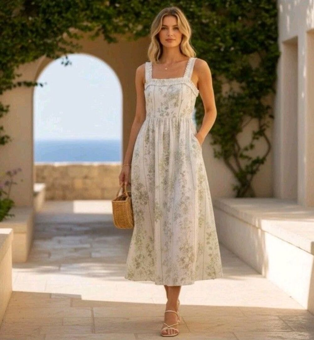 Caroline Constas Faux‑Pearl Linen Midi Dress NWT size M